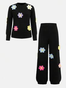 SHEIN 青少年女孩休闲日常黑色钩针装饰圆领长袖修身毛衣和钩针装饰裤子套装 - 黑色 - 查看 1