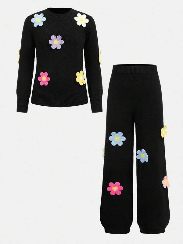 SHEIN Tween Girl Casual Daily Black Crochet Trim Crew Neck Long Sleeve Fitted Sweater & Crochet Trim Pants Set