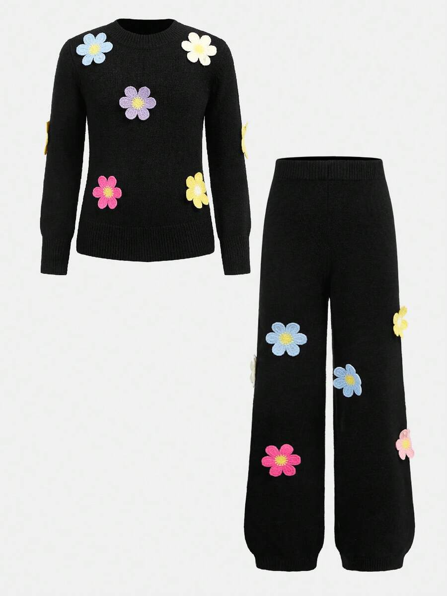 SHEIN 青少年女孩休闲日常黑色钩针装饰圆领长袖修身毛衣和钩针装饰裤子套装 - 黑色 - 查看 1