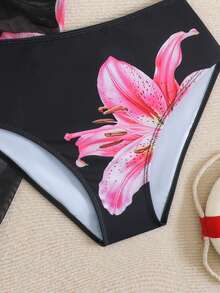 SHEIN 少女三件套比基尼，黑色碎花挂脖三角上衣、三角泳裤、纱笼，时尚优雅泳装，适合游泳、度假、夏季穿着 - 黑色 - 查看 4