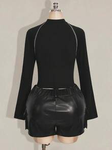 SHEIN ICON 大码女式白色撞色滚边黑色修身T恤 - 黑色 - 查看 2