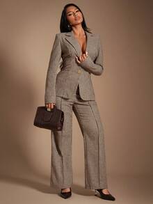 Radiana Bộ vest len họa tiết răng sói màu nâu thanh lịch cổ điển dành cho nữ, áo khoác blazer đính cúc hoa vàng + quần ống loe ôm 2 mảnh, trang phục công sở trang trọng, phù hợp để đi làm, đi làm, đi tiệc, mặc hàng ngày, vừa vặn - màu nâu - Xem 1