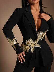 Radiana 女士优雅奢华黑色西装套装 - 金线刺绣西装外套 + 黑色长裤，两件套。精致的3D立体花卉刺绣装饰，适合商务、会议、宴会、派对和正式场合。 - 黑色 - 查看 5