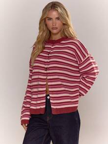 MUSERA Button Through Oversized Stripe Knit Cardigan Cute Cool Girl Cosy Winter Everyday Clean Girl Casual Cottage Core Old Money Butterscotch Evening Party Elegant Spring - Burgundy - View 5