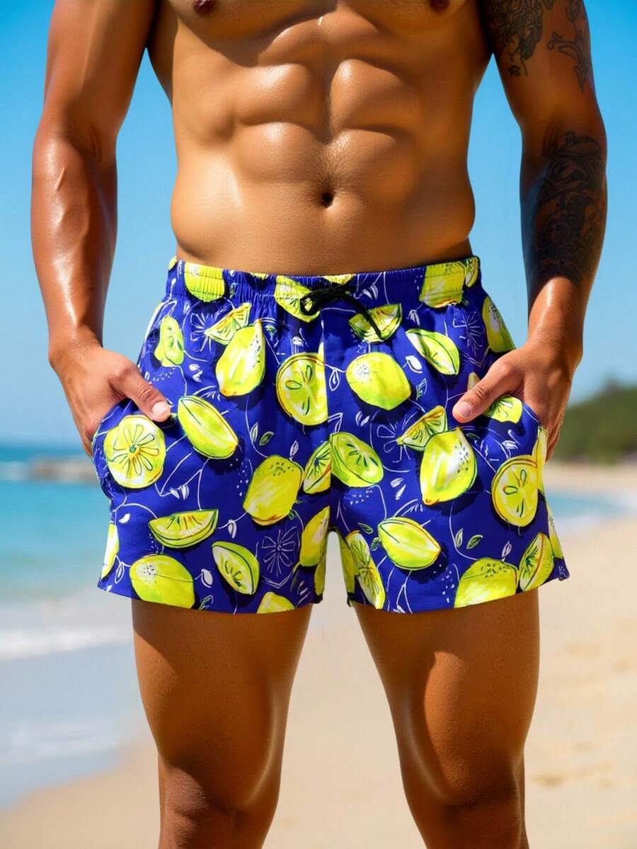 Manfinity VDAYZ Męskie letnie szorty plażowe z kieszeniami i ściągaczem w pasie w kolorze cytrynowym - Królewski Niebieski - Zobacz 1