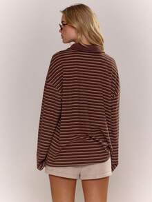 MUSERA Áo sơ mi dài tay cổ bẻ kẻ sọc dáng rộng, cài cúc, thích hợp cho mùa thu, ấm áp, dễ thương, thường ngày, đi cà phê, câu lạc bộ, mùa xuân, hè, ngày lễ. - Màu nâu Sô-cô-la - Xem 2