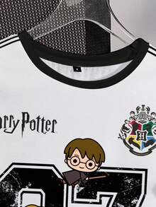 HARRY POTTER X SHEIN 女士休闲时尚街头运动学院风趣味卡通人物和数字蝴蝶结印花撞色条纹肩部短袖 T 恤，夏季 - 白色 - 查看 4