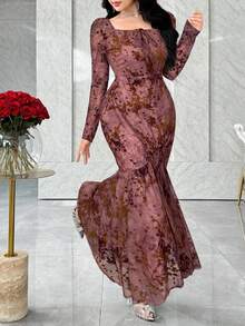 Modelyn Women's Solid Color Square Neck Fitted Elegant Long Sleeve Dress - Pink - View 4