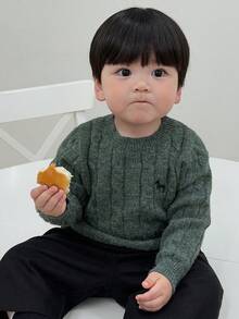 DAZY 男童圆领麻花针织卡通刺绣纯色毛衣 - 綠色 - 查看 4