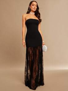 Silquee 女士优雅派对蕾丝拼接连衣裙 - 黑色 - 查看 4