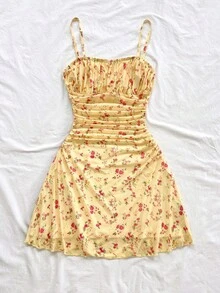 Soleia 女士夏季度假蓝白碎花网纱吊带裙 - 櫻桃紅 - 查看 4