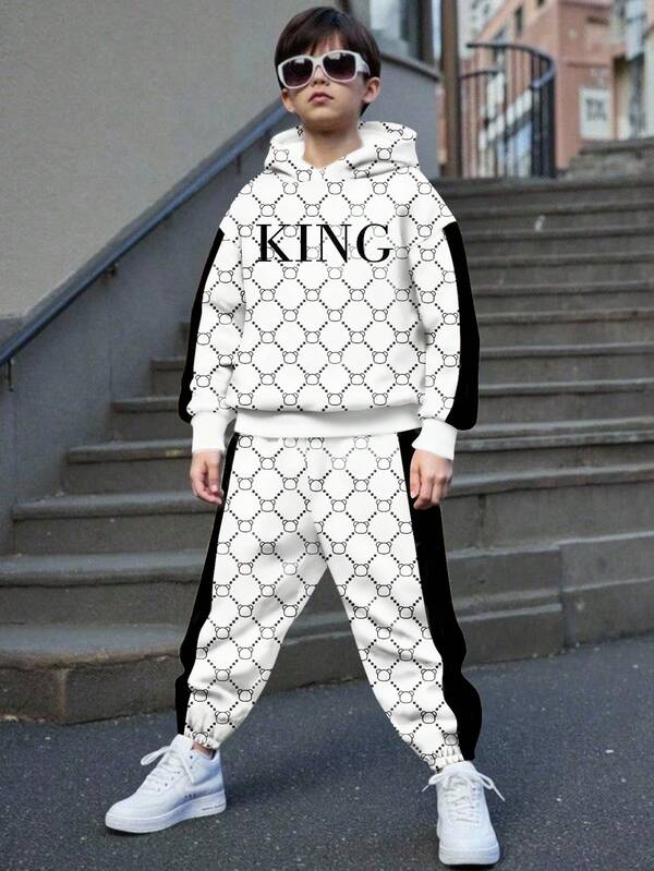 2 件 KING 青少年男孩休闲简约长袖连帽运动衫套装，适合秋冬季