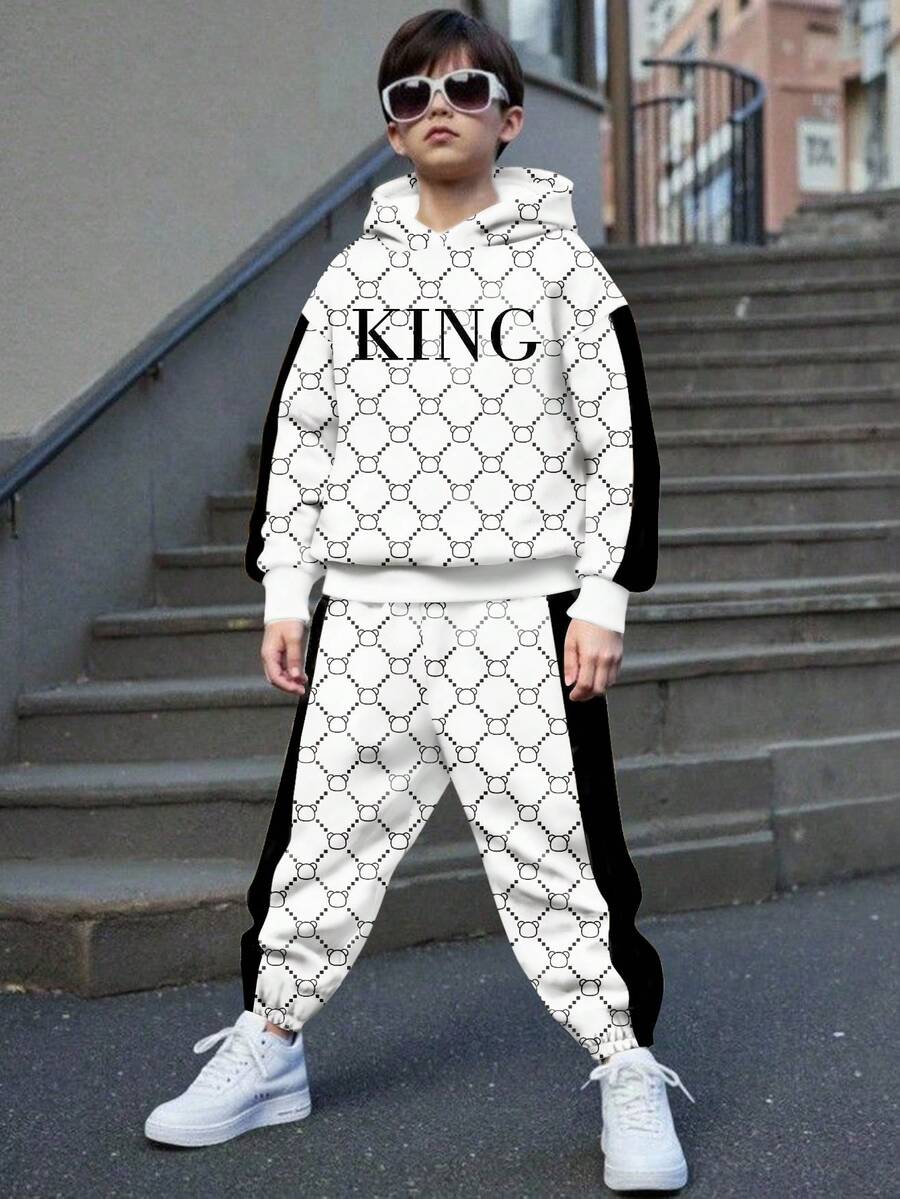 2 件 KING 青少年男孩休闲简约长袖连帽运动衫套装，适合秋冬季 - 彩色 - 查看 1
