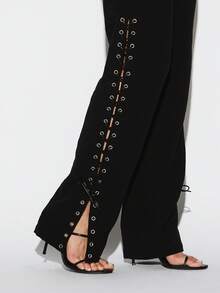 KIZN Quần Palazzo ống rộng buộc dây có lỗ cài bên hông, quần dài cạp cao thời trang thường ngày - màu đen - Xem 4