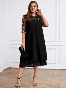 Miaspire 女式大码休闲宽松网眼拼布连衣裙 - 黑色 - 查看 8