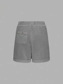 Linhara Áo crop top hở lưng cho nữ cỡ lớn, viền thô, thắt eo, túi sau, nút trang trí - Xám - Xem 2