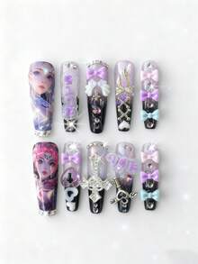 ROMWE Kawaii 10 móng tay giả chất lượng cao hình cánh chim dễ thương, nốt nhạc, viền ren ngôi sao, chấm bi vẽ tay + 3 miếng dán hai mặt, móng tay giả hình quan tài có thể tháo rời và tái sử dụng, miếng dán móng tay hình nơ, thích hợp cho ngày lễ, tiệc tùng, khiêu vũ và đeo hàng ngày - Nhiều màu - Xem 1