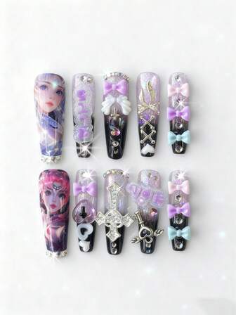 Kawaii 10 pièces Faux ongles de haute qualité peints à la main avec motifs ailes mignonnes, notes de musique, étoiles à bordure en dentelle et pois. + 3 pièces Faux ongles en forme de cercueil adhésifs double face amovibles et réutilisables, stickers d'ongles avec élément nœud papillon, convient pour les vacances, les fêtes, la danse et le port quotidien