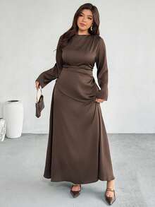 Firerie Plus Size Spring/Summer/Autumn/Winter New Elegant Casual Office Workwear Satin Asymmetric Ruched Waist Slim Long Sleeve Blouse + Regular Loose A-Line Maxi Skirt 2 Piece Set Plus Size Brown Satin Dress Curve Elegant Dress Brown Elegant Dress Women Plus Size Long Sleeve Dress Long Sleeve Elegant Dress