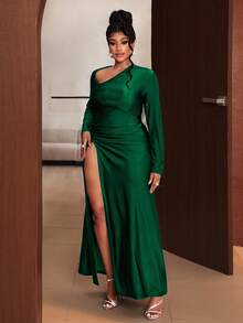 Maweii 大码女式纯色不对称领口扭结开衩性感优雅连衣裙，秋季 - 綠色 - 查看 6