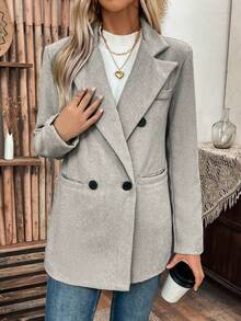 EMERY ROSE Women's Herringbone Turn Collar Double-Breasted Suit Jacket - Grey - View 6