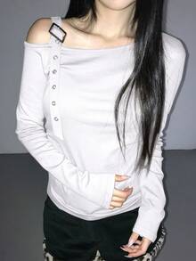 DAZY 女士斜领搭扣修身休闲不对称肩长袖T恤 春季 - 白色 - 查看 4