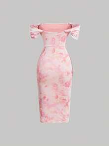 SHEIN MOD 正韻印花設計,荷葉邊設計露肩女裝連身裙 - 粉色 - 查看 2