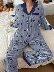 SHEIN Plus Size Contrast Color Collar Ruffle Heart Striped Long Sleeve Curve Pajamas Set Sleep Wear Women Set, Winter Clothes Wedding Valentine's Day - Blue - View 3
