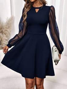 Editum Women's Mesh Contrast Long Sleeve Dress