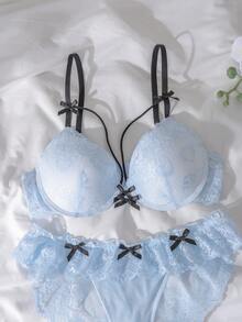 DelicateAllure 2件套钢圈模杯提拉丰满撞色蕾丝拼接荷叶边花卉蕾丝可爱清新舒适半罩杯文胸套装