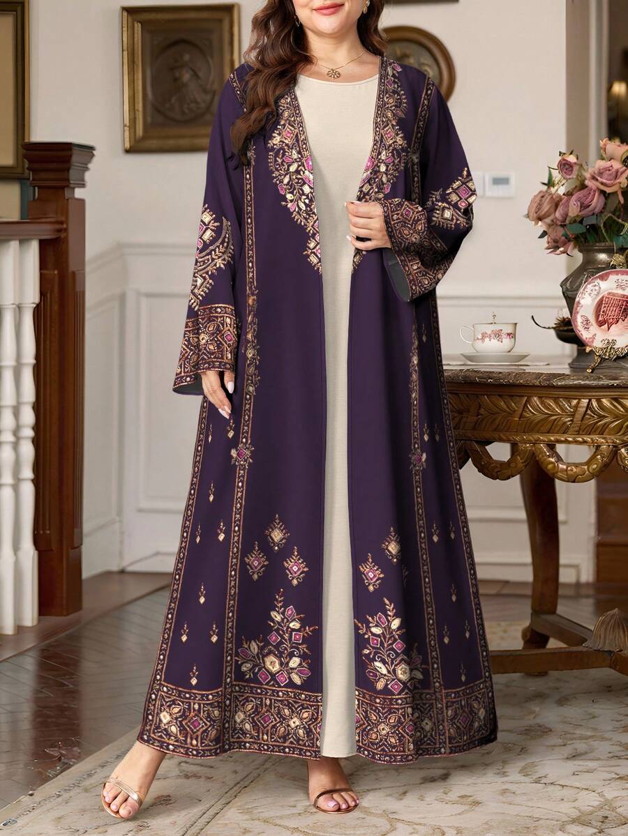 SHEIN Najma 大码女式几何图案数码印花休闲长袖开衫，适合春秋季穿着 - 彩色 - 查看 1