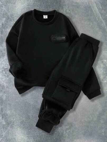 SHEIN Tween Boys Casual Loose Fit Long Sleeve Sweatshirt And Pants Co-Ord Set Fall Winter,Unisex