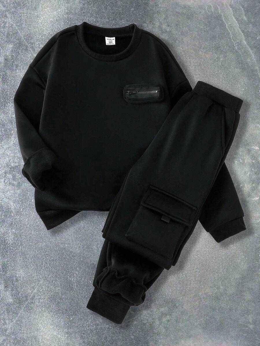 SHEIN Tween Boys Casual Loose Fit Long Sleeve Sweatshirt And Pants Co-Ord Set Fall Winter,Unisex - Black - View 1