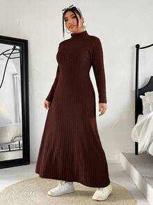 SHEIN EZwear 大码巧克力棕色立领长袖休闲舒适罗纹针织连衣裙 - 巧克力棕 - 查看 4