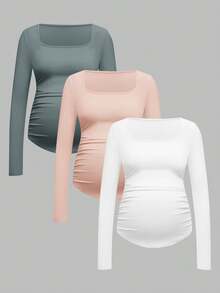 SHEIN 孕妇纯色简约长袖T恤，日常孕妇装 - 淺粉色 - 查看 7