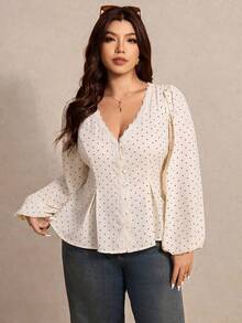 Elaquor 大码女式波点印花撞色蕾丝灯笼袖时尚衬衫白色上衣，适合新年夜穿着，适合身材丰满的女性 - 米色 - 查看 5