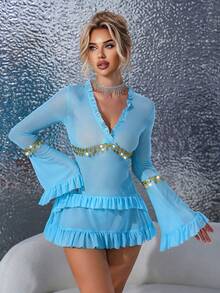 Set de 2 camisones sexy con mangas con volantes y decoración de cadena dorada glamorosa - Azul - Ver 5