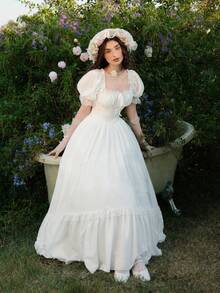 SHEIN MOD White Maxi Lace Ruffled Victorian Vintage Dress, Party Dress, Prom Dress, Exquisite Craftsmanship,White Graduation Dress