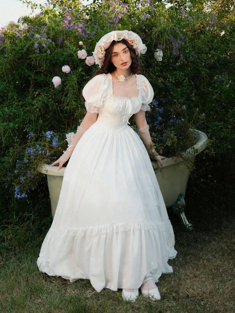 SHEIN MOD فستان ماكسي أبيض كبير الحجم من الأقمشة الدانتيل المبطن المكشكش بطراز فيكتوري، فستان حفلة، فستان سهرة، صنعة راقية - أبيض - مشاهدة 7