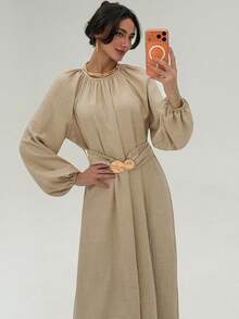 Aloruh Minimalist Apricot Textured Office Dress With Gathered Waist And Extra Long A-Line Hem, Commuter Friendly - Apricot - View 3