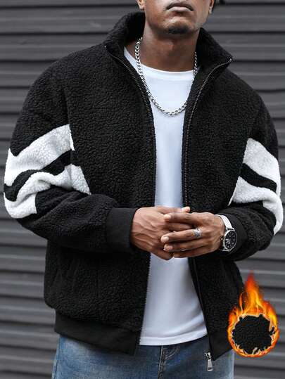 Claim Dot 男士休闲撞色条纹夹克，秋冬男士羊毛夹克拉链羊毛夹克羊毛拉链夹克拉链夹克街头风夹克，垃圾摇滚