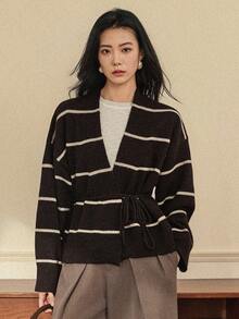 Dazy-Less 休闲撞色条纹裹身开衫，秋冬商务休闲女装 - 棕色 - 查看 4