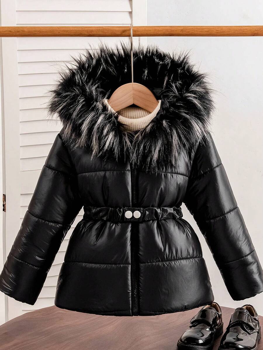 Young Girl Fashionable Thick Hooded Waist Cinching Jacket, Suitable For Daily Casual Wear In Autumn And Winter
