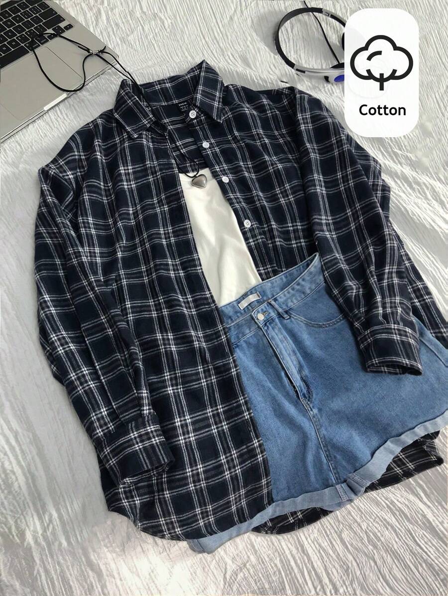 Elamini 女士休闲宽松复古格子衬衫，时尚百搭，秋冬衬衫 - 彩色 - 查看 1