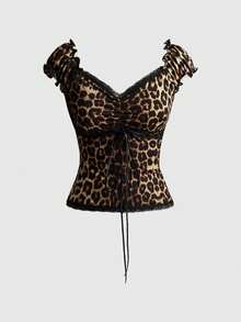 ROMWE Kawaii 两件套女士芭蕾舞鞋风格V领蝴蝶结装饰撞色波点蕾丝拼接修身上衣和半裙夏季套装 - 彩色 - 查看 5