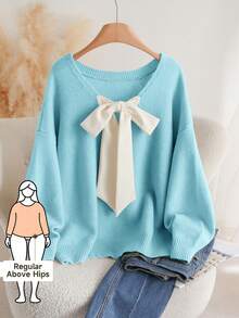 CosyJoli 大码休闲V领蝴蝶结系带宽松套头毛衣 春季/春假/春季 - 薄荷藍 - 查看 1