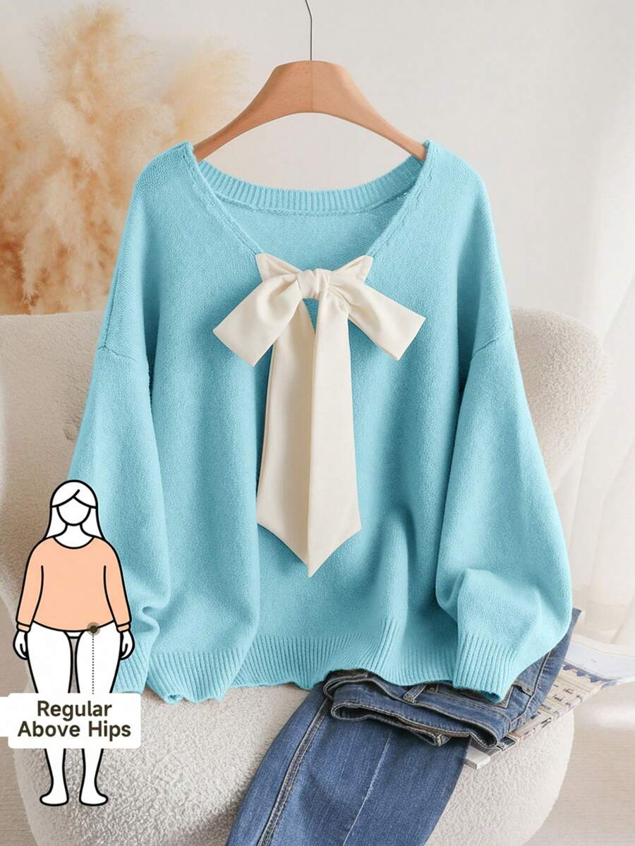 CosyJoli 大码休闲V领蝴蝶结系带宽松套头毛衣 春季/春假/春季 - 薄荷藍 - 查看 1