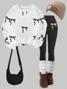 SHEIN Sparklyn 1 Set Girls Back To School Fashion Dotted Bow Print Crew Neck Sweatshirt And Black Leggings Outfit, Fall Clothes Winter - Multicolor - View 3