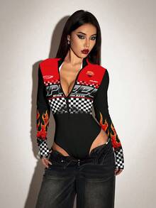 SHEIN ICON 女士时尚撞色格纹印花连体衣 - 黑色 - 查看 4