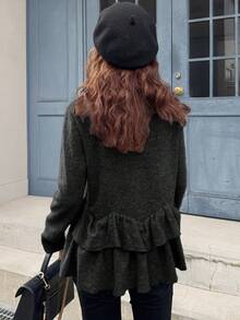FRIFUL Women's Casual Solid Color Ruffle Hem Button Front T-Shirt, Autumn/Winter - Black - View 5